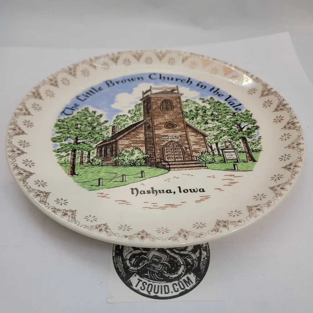 Vintage Souvenir Plate Gold Trim The Little Brown Church in the Vale Nashua Iowa